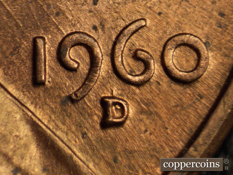 1960 Lincoln cent obverse, CopperCoins die 1960D•1MM•021 — Closeup of repunched mintmark.
