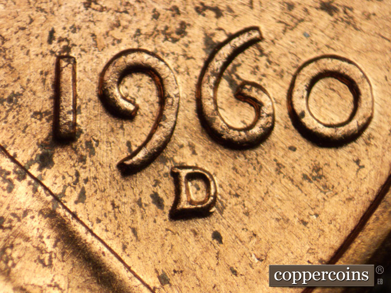 Die-stage A marker on 1960D•1MM•022 showing Closeup of repunched mintmark.