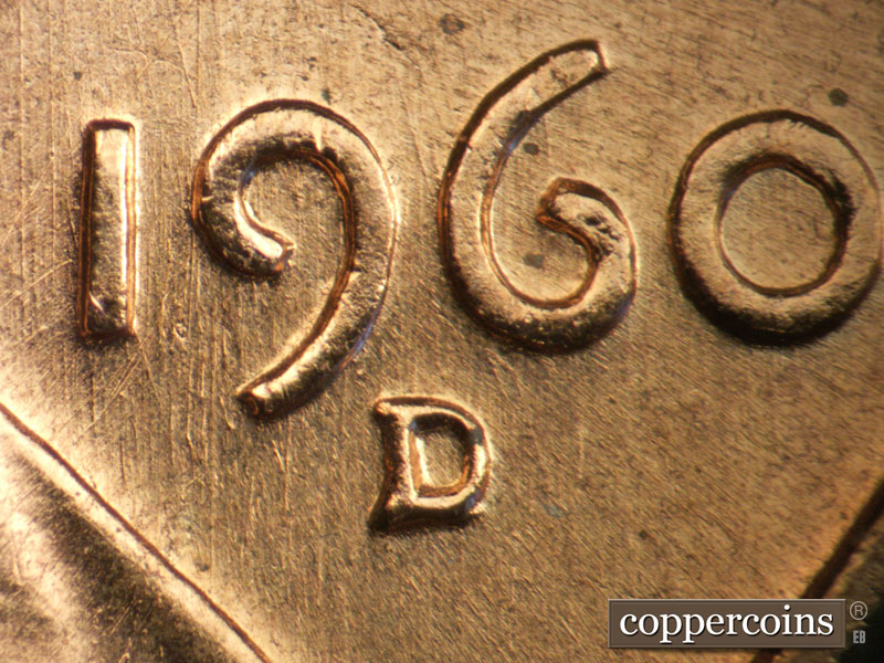 1960 Lincoln cent obverse, CopperCoins die 1960D•1MM•022 — Closeup of repunched mintmark. N/S die scratches through 19 in date.