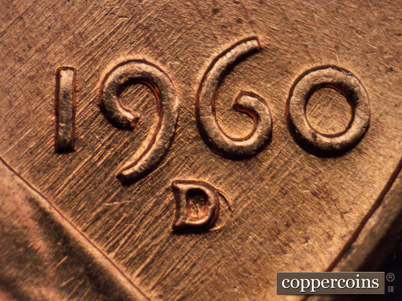 Die-stage A marker on 1960D•1MM•023 showing Close up of repunched mintmark. SW die scratches through date.