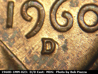 1960 Lincoln cent obverse, CopperCoins die 1960D•1MM•023 — Closeup of repunched mintmark.