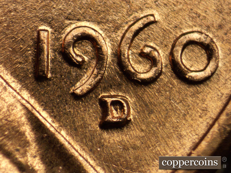 1960 Lincoln cent obverse, CopperCoins die 1960D•1MM•025 — Closeup of repunched mintmark.