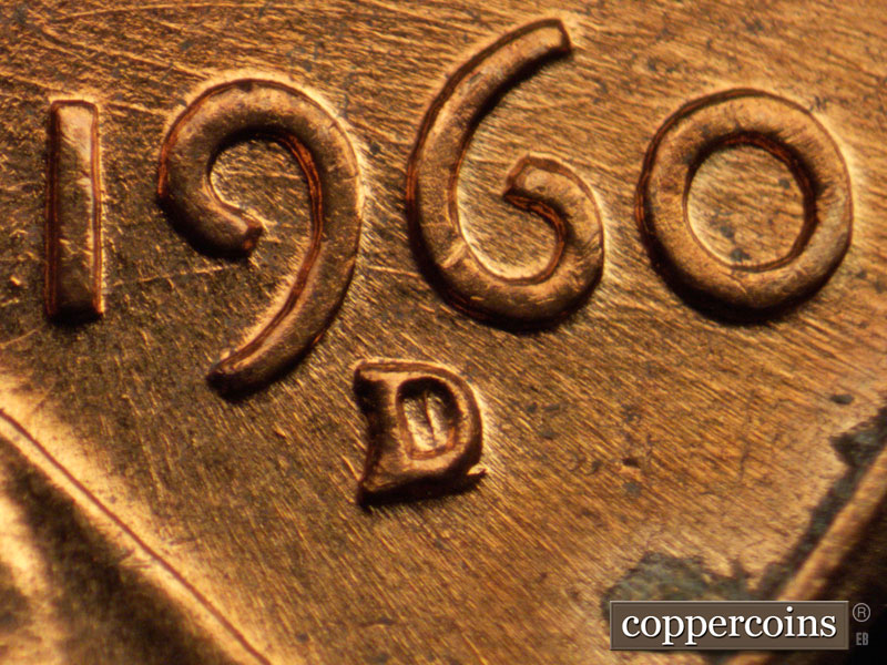 Die-stage A marker on 1960D•1MM•027 showing Closeup of repunched mintmark.
