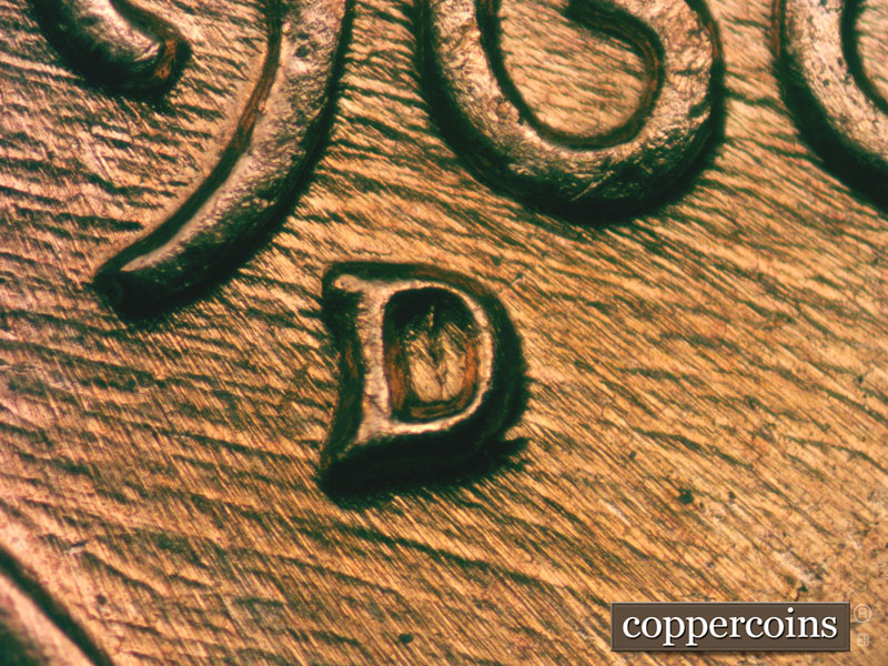 1960 Lincoln cent obverse, CopperCoins die 1960D•1MM•027 — Closeup of repunched mintmark.