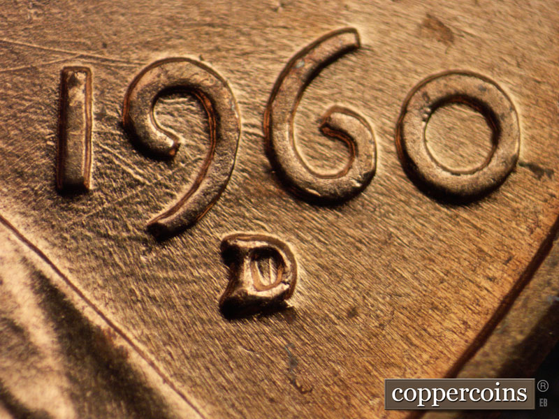 Die-stage A marker on 1960D•1MM•028 showing Closeup of repunched mintmark.
