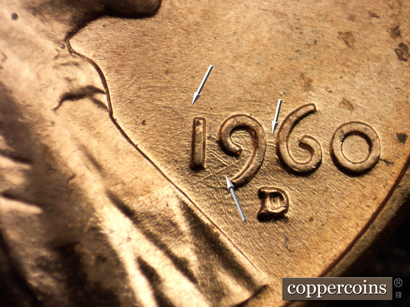 Die-stage A marker on 1960D•1MM•028 showing Multidirectional die scratches from bust through 196 in date.