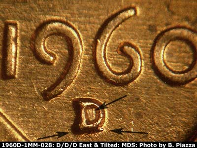1960 Lincoln cent obverse, CopperCoins die 1960D•1MM•028 — Closeup of repunched mintmark. E/W die scratches through date.