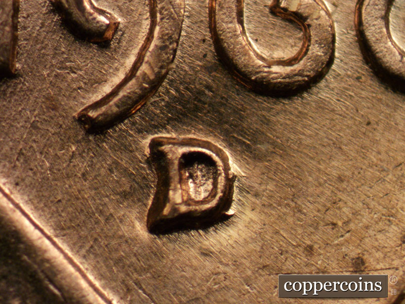 1960 Lincoln cent obverse, CopperCoins die 1960D•1MM•029 — Closeup of repunched mintmark.