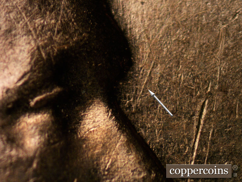 Die-stage B marker on 1960D•1MM•029 showing NE die scratch from bridge of nose.