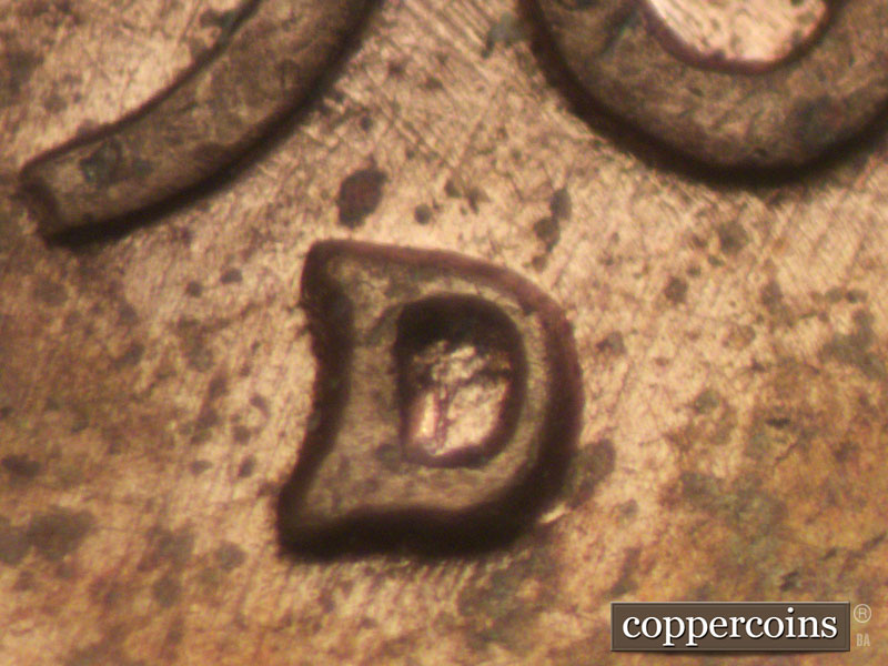 Die-stage A marker on 1960D•1MM•030 showing Closeup of repunched mintmark.