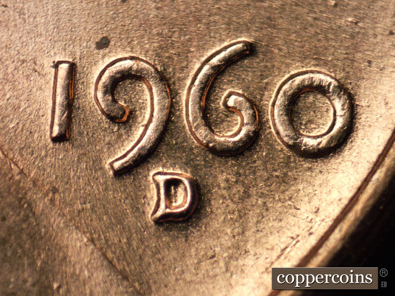 1960 Lincoln cent obverse, CopperCoins die 1960D•1MM•030 — Date for reference.