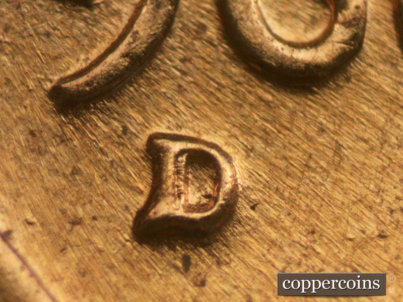 Die-stage C marker on 1960D•1MM•031 showing Closeup of repunched mintmark.