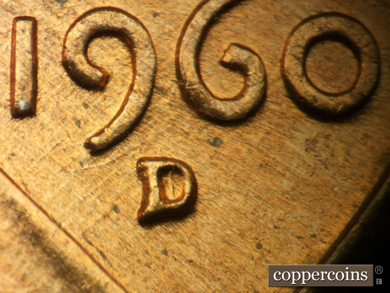 Die-stage A marker on 1960D•1MM•032 showing Closeup of repunched mintmark.