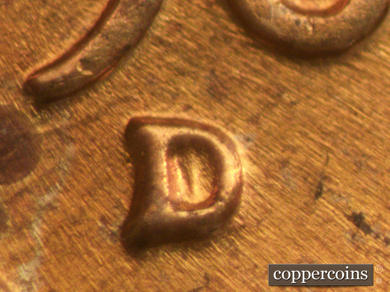 1960 Lincoln cent obverse, CopperCoins die 1960D•1MM•032 — Closeup of repunched mintmark.