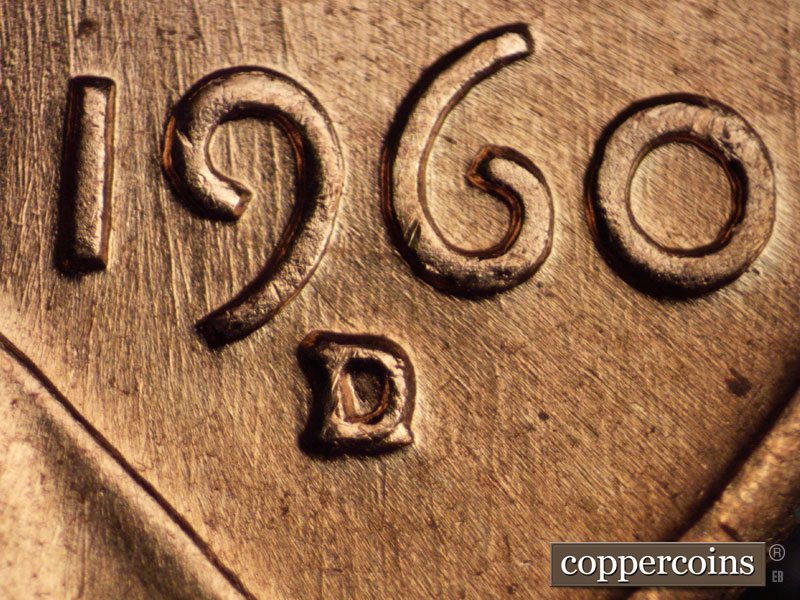 Die-stage A marker on 1960D•1MM•033 showing Closeup of repunched mintmark.