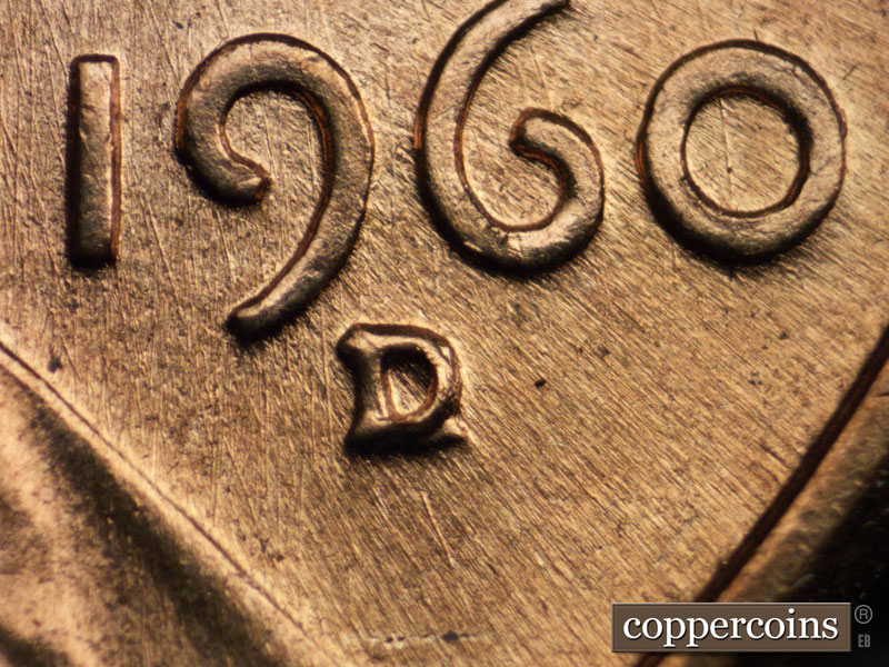 1960 Lincoln cent obverse, CopperCoins die 1960D•1MM•033 — Closeup of repunched mintmark.