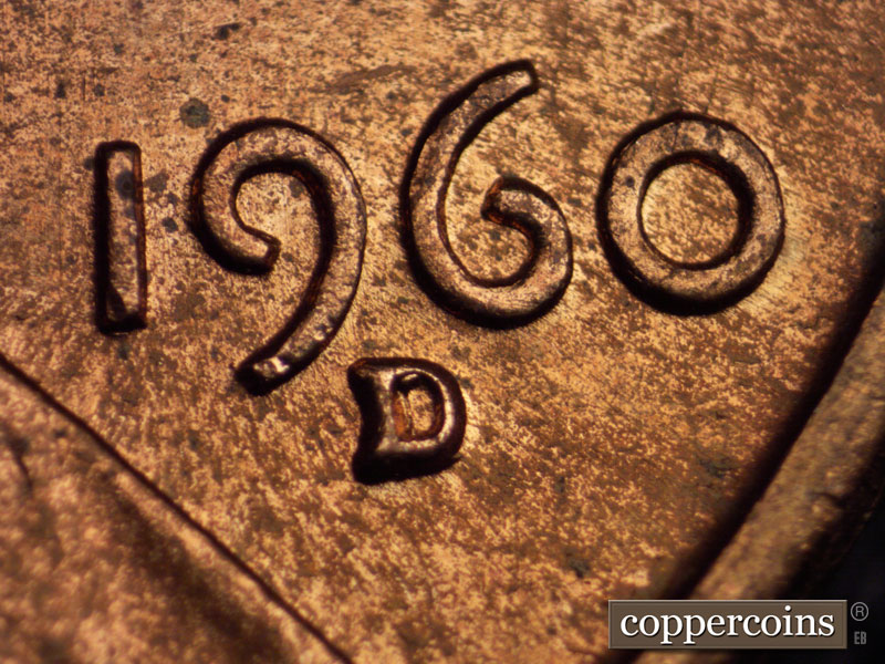 1960 Lincoln cent obverse, CopperCoins die 1960D•1MM•035 — Closeup of repunched mintmark.
