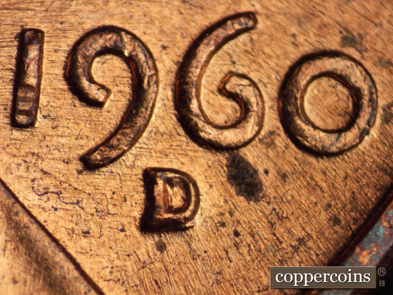 1960 Lincoln cent obverse, CopperCoins die 1960D•1MM•036 — Closeup of repunched mintmark.
