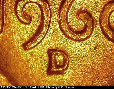 Die-stage C marker on 1960D•1MM•036 showing Closeup of repunched mintmark.