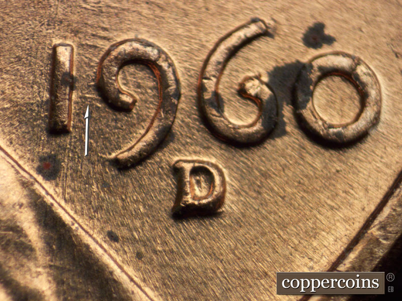 1960 Lincoln cent obverse, CopperCoins die 1960D•1MM•037 — Closeup of repunched mintmark. Short E/W die scratch connects 19 in date.