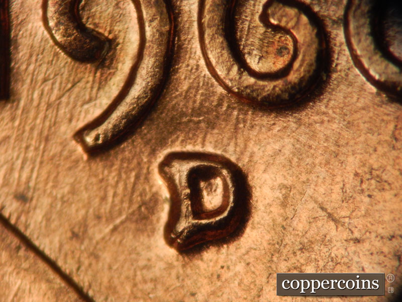 1960 Lincoln cent obverse, CopperCoins die 1960D•1MM•038 — Closeup of repunched mint mark.