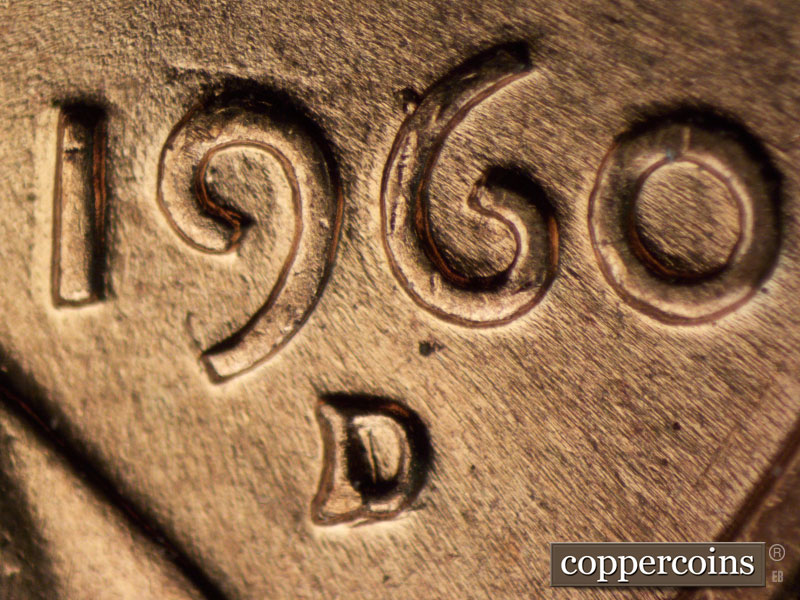 1960 Lincoln cent obverse, CopperCoins die 1960D•1MM•039 — Closeup of repunched mint mark.