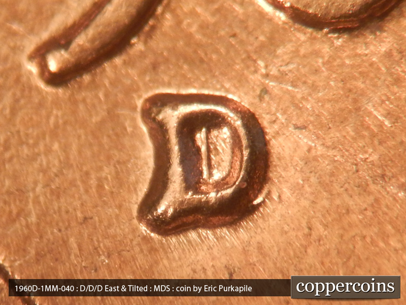 1960 Lincoln cent obverse, CopperCoins die 1960D•1MM•040 — Closeup of repunched mint mark.