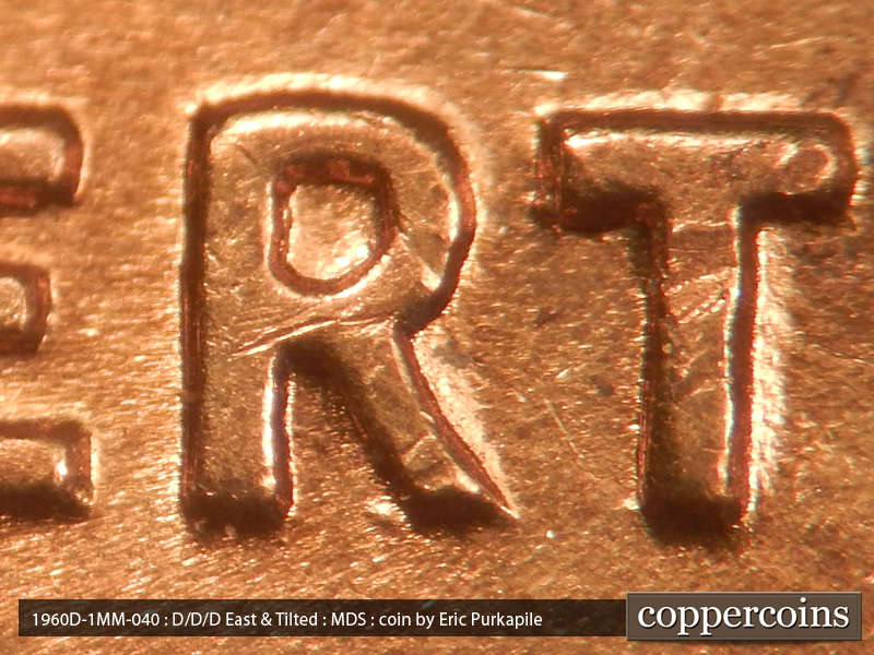 Die-stage B marker on 1960D•1MM•040 showing Die gouge in bottom of R in LBERTY.