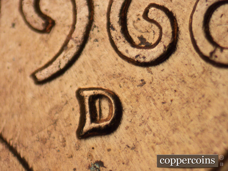 1960 Lincoln cent obverse, CopperCoins die 1960D•1MM•042 — Closeup of repunched mint mark.