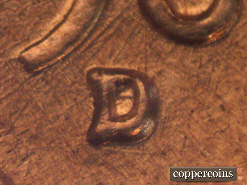 1960 Lincoln cent obverse, CopperCoins die 1960D•1MM•044 — Closeup of repunched mint mark.
