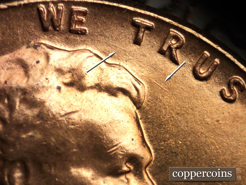 Die-stage A marker on 1960D•1MM•046 showing Two nice ESE die scratches under TRU in TRUST.