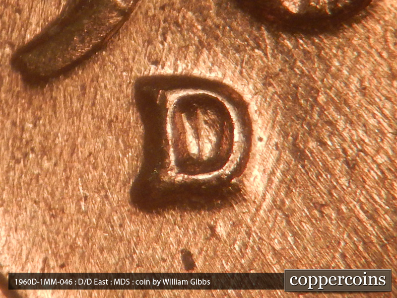 1960 Lincoln cent obverse, CopperCoins die 1960D•1MM•046 — Closeup of repunched mint mark.