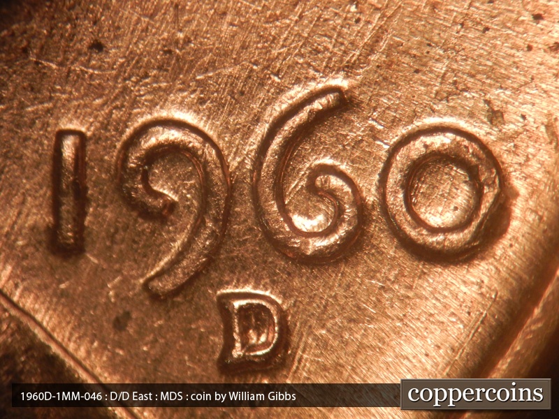 Die-stage B marker on 1960D•1MM•046 showing Die scratches on obverse in many directions varying in size.