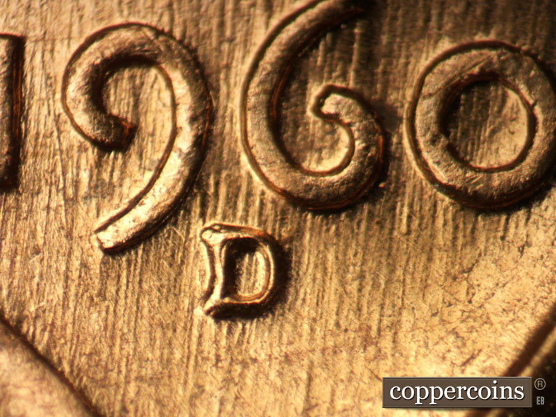 Die-stage A marker on 1960D•1MM•047 showing Closeup of repunched mint mark.
