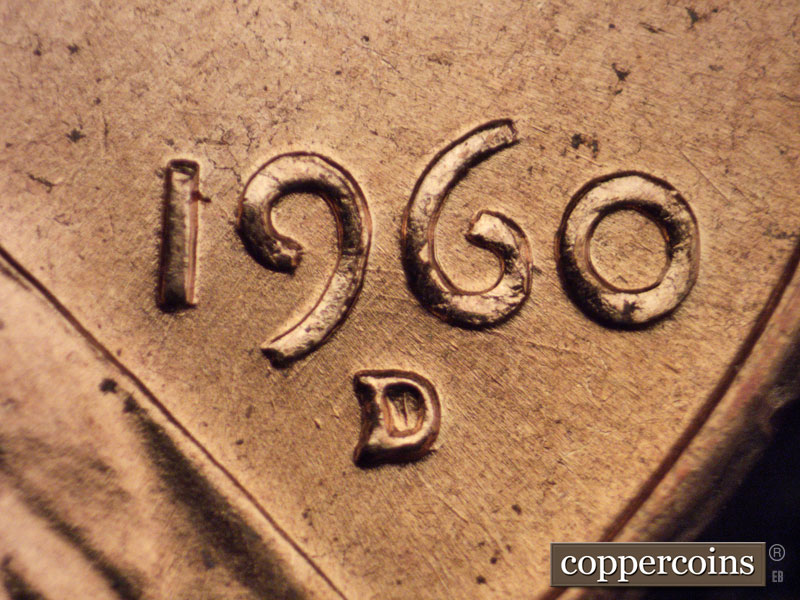 Die-stage A marker on 1960D•1MM•048 showing Closeup of repunched mint mark.