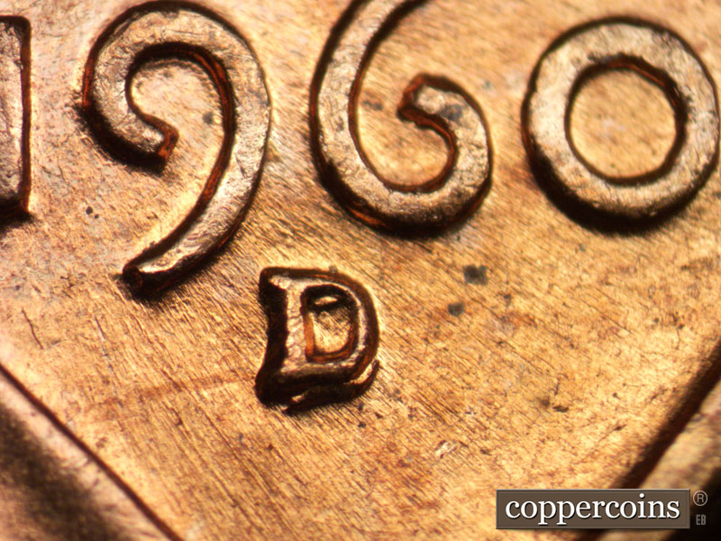Die-stage A marker on 1960D•1MM•049 showing Closeup of repunched mint mark.