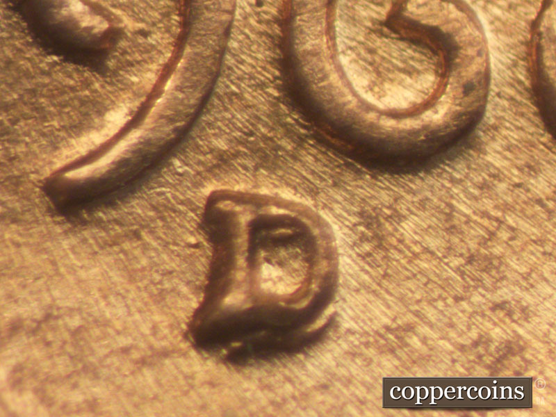 1960 Lincoln cent obverse, CopperCoins die 1960D•1MM•049 — Closeup of repunched mint mark.