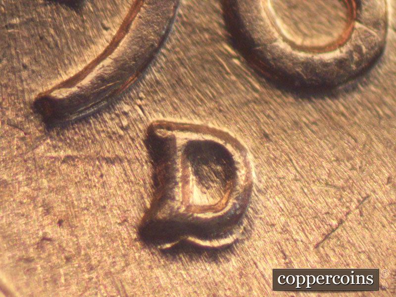 1960 Lincoln cent obverse, CopperCoins die 1960D•1MM•050 — Closeup of repunched mint mark.
