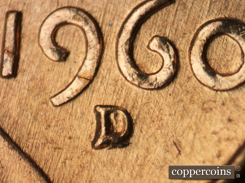 1960 Lincoln cent obverse, CopperCoins die 1960D•1MM•053 — Closeup of repunched mint mark.