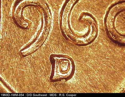 1960 Lincoln cent obverse, CopperCoins die 1960D•1MM•054 — Closeup of repunched mint mark.