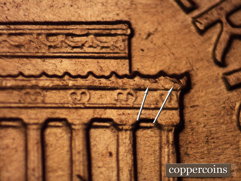 Die-stage C marker on 1960D•1MM•054 showing Small E/W die scratch in N of UNUM. Two small die breaks on right cornice.