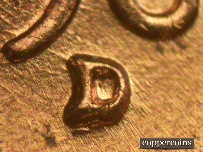 1960 Lincoln cent obverse, CopperCoins die 1960D•1MM•057 — Closeup of repunched mint mark.