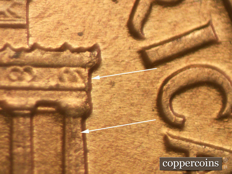 Die-stage B marker on 1960D•1MM•057 showing Die chip column #12 and light chip on right cornice.