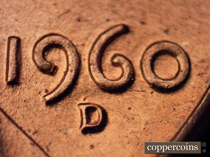 1960 Lincoln cent obverse, CopperCoins die 1960D•1MM•058 — Closeup of repunched mint mark.