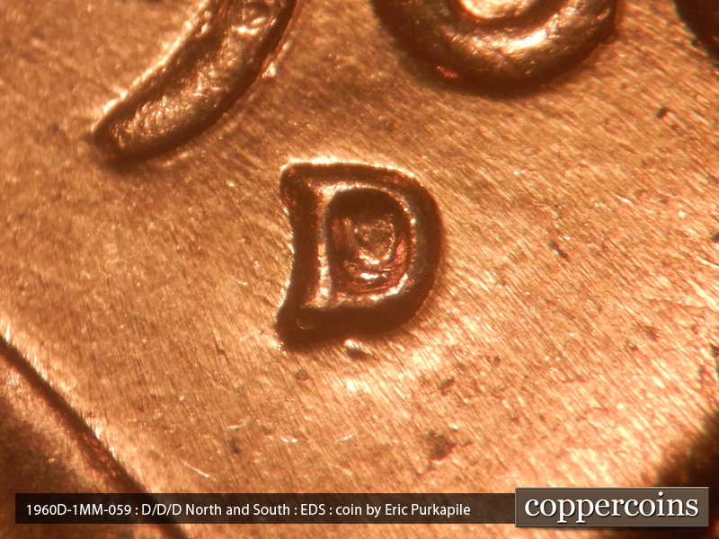 Die-stage A marker on 1960D•1MM•059 showing Closeup of repunched mint mark.