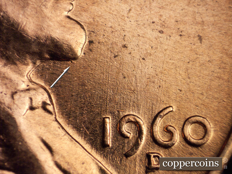 Die-stage C marker on 1960D•1MM•060 showing N/S die scratches on obverse with strong scratches inside the 9 of the date.