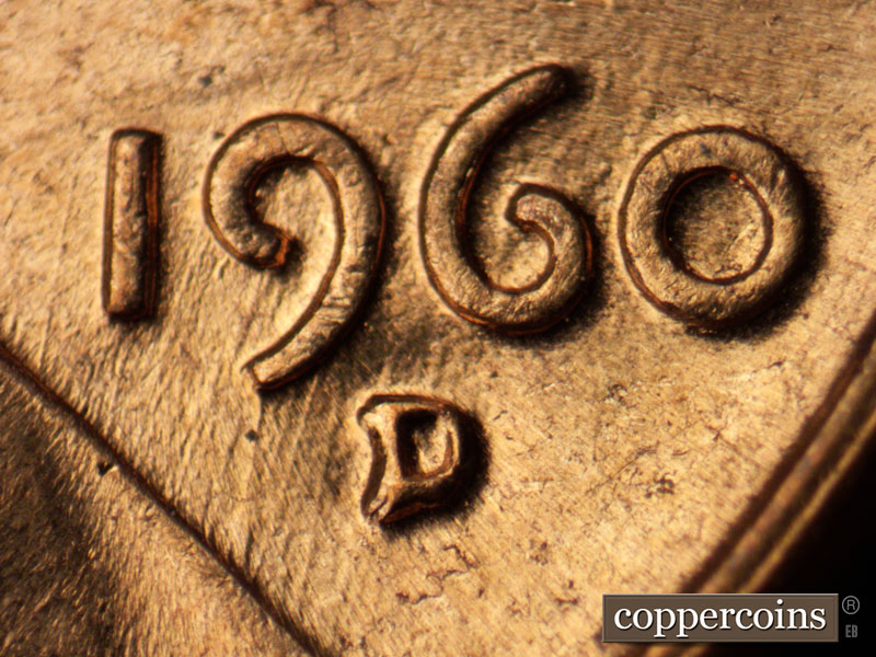 1960 Lincoln cent obverse, CopperCoins die 1960D•1MM•061 — Closeup of repunched mint mark. SSW die scratches from 19 in the date to the lapel.