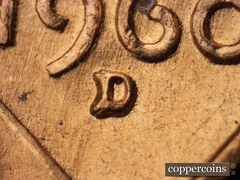 Die-stage A marker on 1960D•1MM•063 showing Closeup of repunched mint mark.