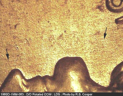 Die-stage C marker on 1960D•1MM•063 showing Fading die scratches in front of the face in NW-SE direction.