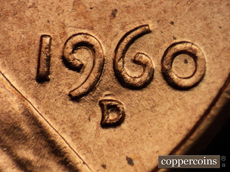 1960 Lincoln cent obverse, CopperCoins die 1960D•1MM•064 — Closeup of repunched mint mark.
